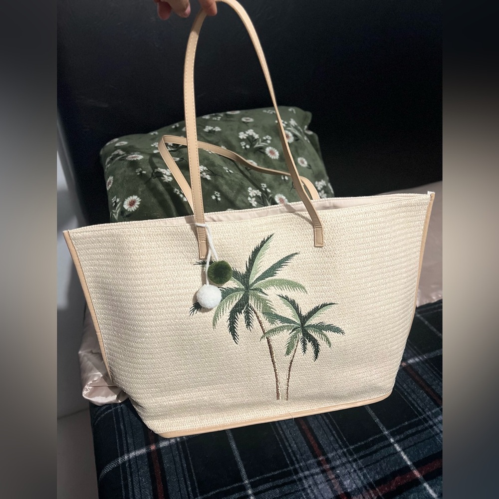 Tropical Palm Tree Tote Bag - Cream and Green